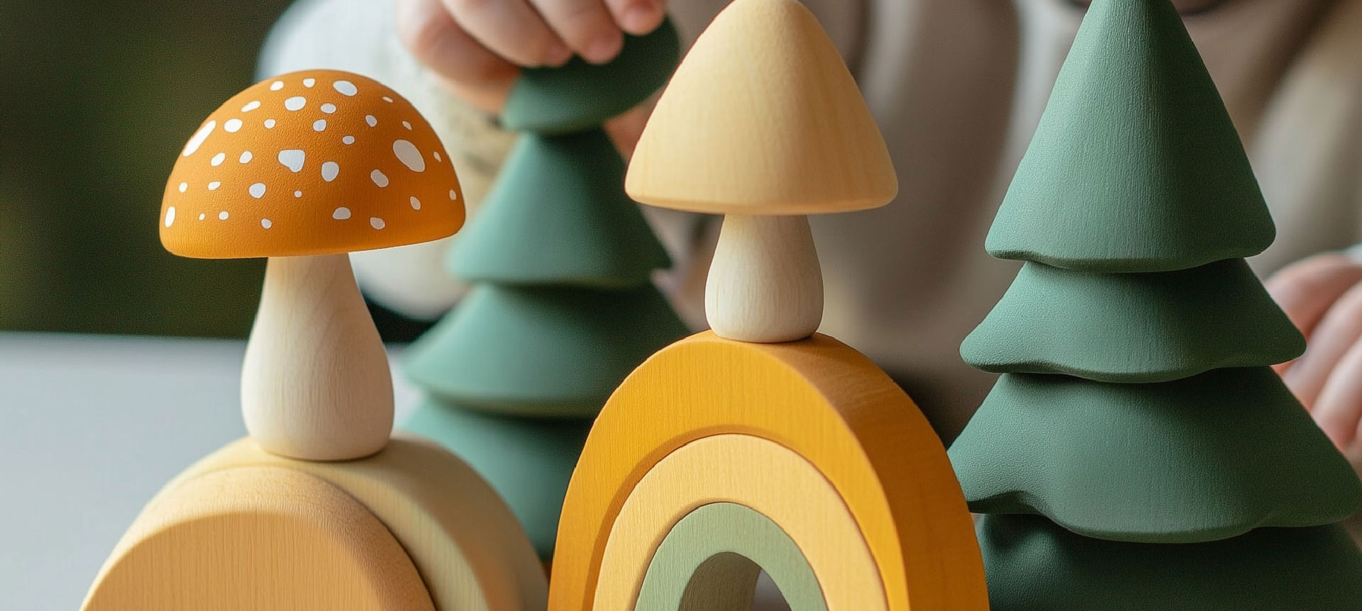 Wooden nature-themed learning toys — mushrooms, trees, and rainbow arches in warm earthy tones